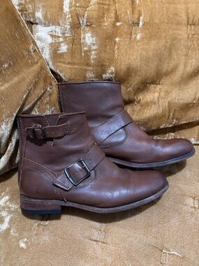 Frye Brown Leather Buckle Ankle Booties